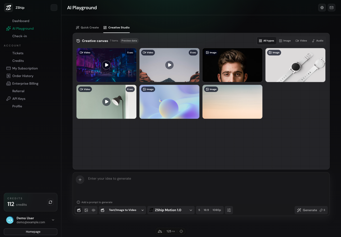 ZShip AI Playground Creative Studio interface in English