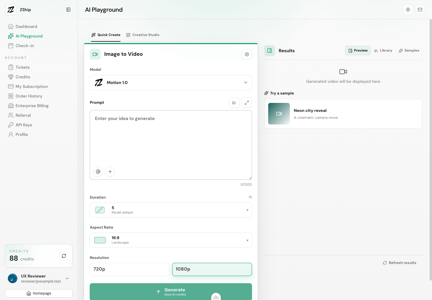 ZShip AI Playground Quick Create interface in English