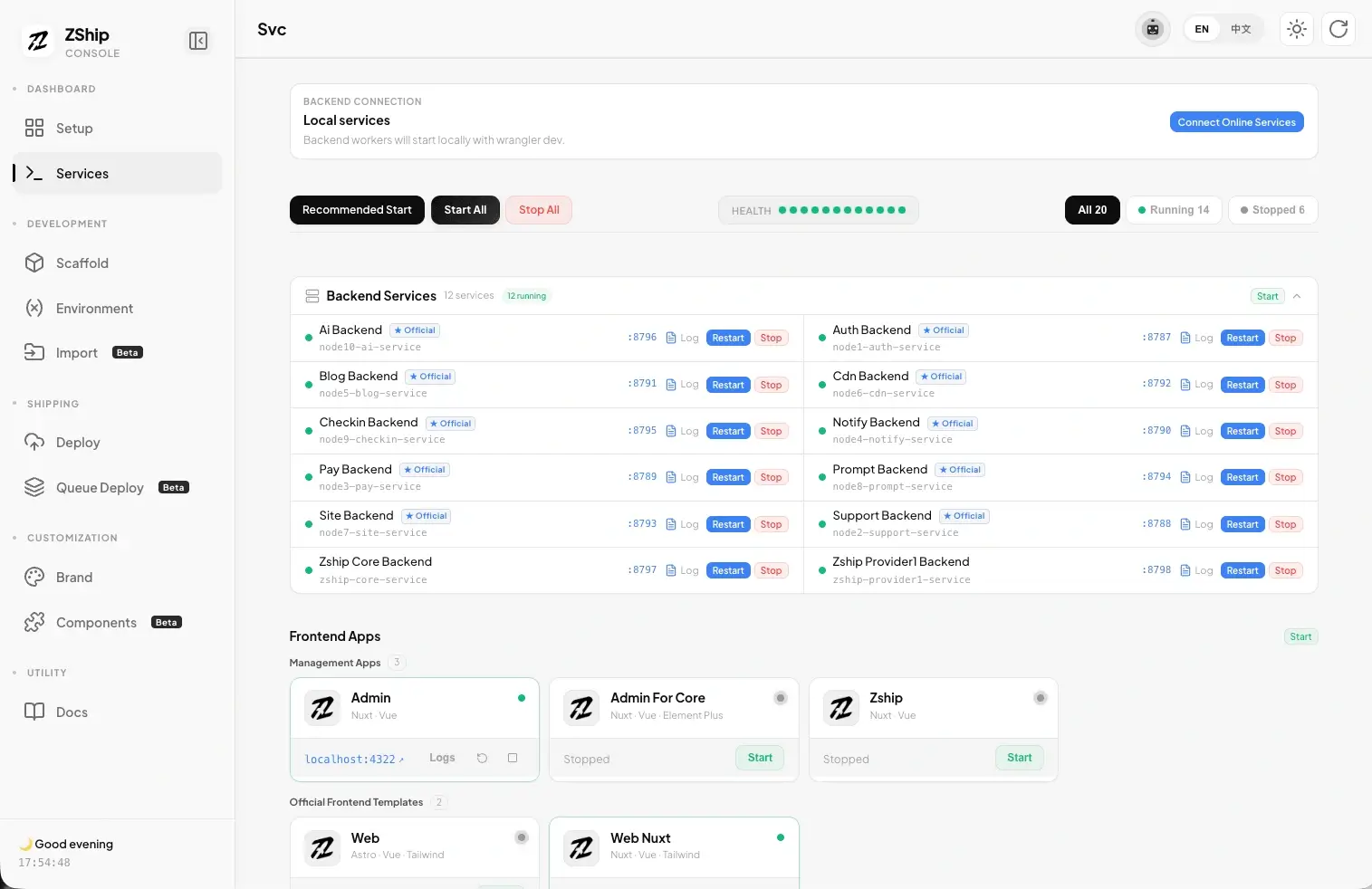 ZShip Dev Console local services dashboard